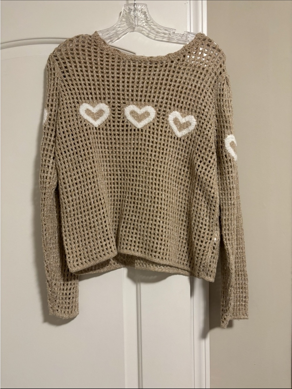 SO GOODS FOR LIFE, Women's Beige Open-Knit Heart Sweater, Size L